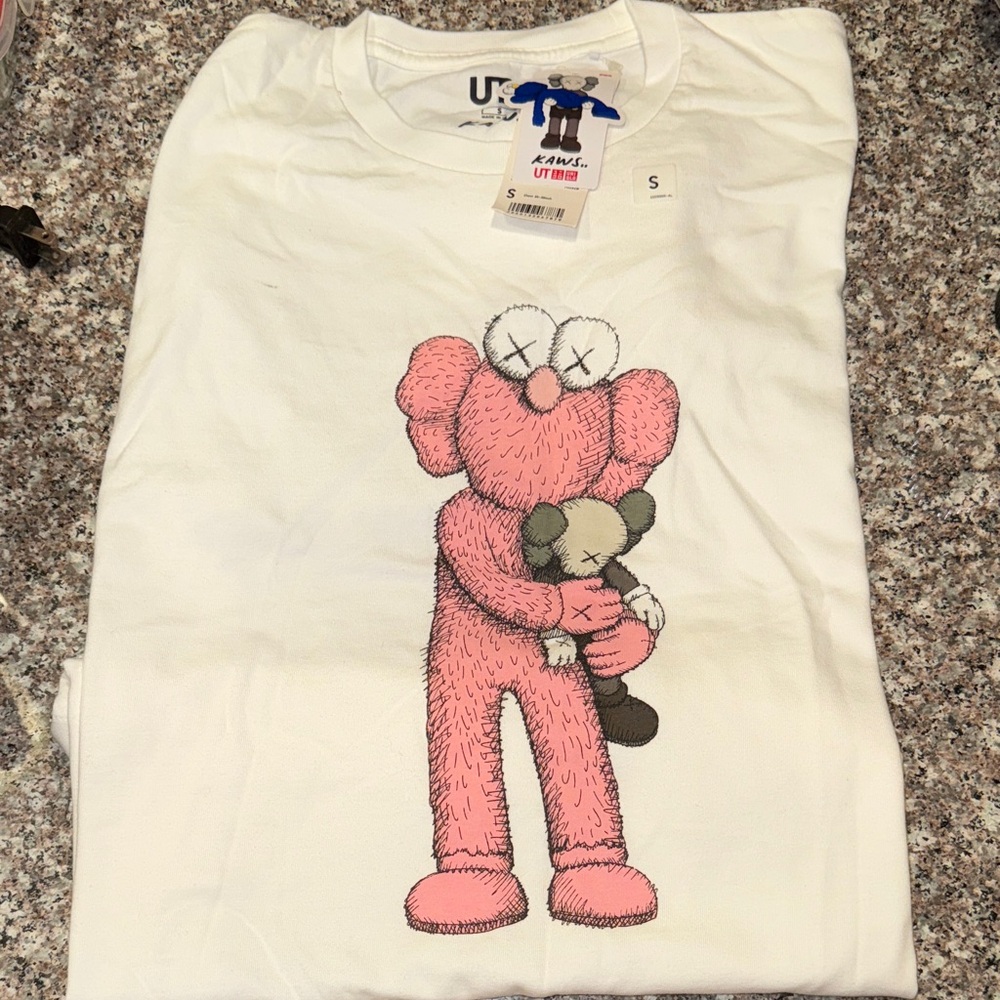 KAWS White Tee with Pink and Gray Graphic